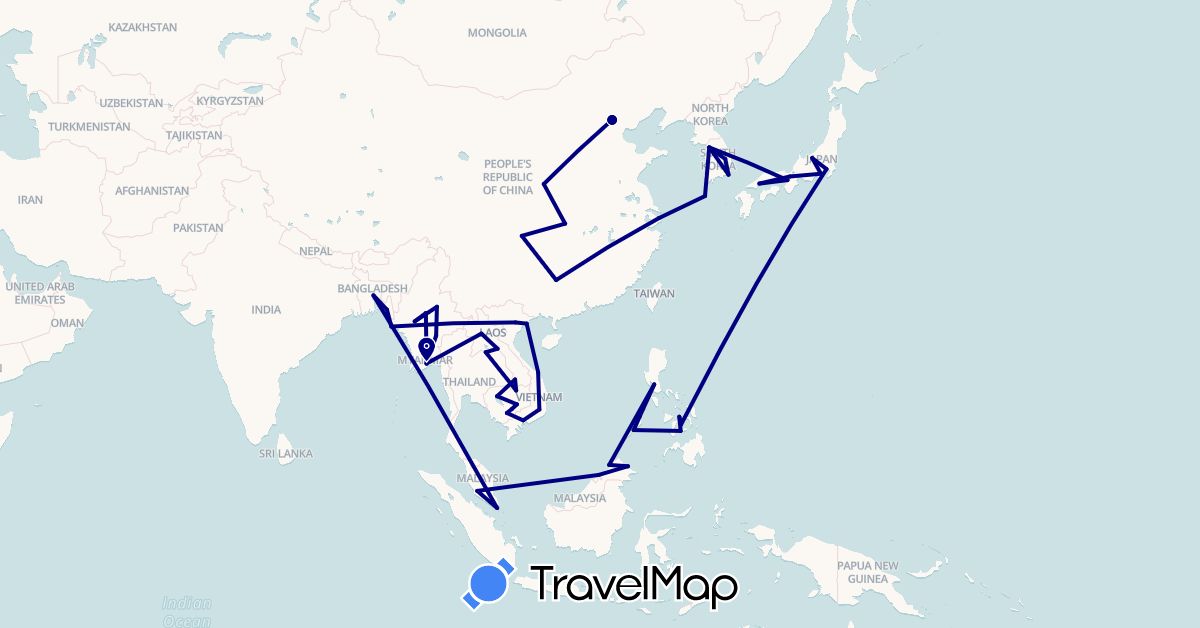 TravelMap itinerary: driving in Bangladesh, Brunei, China, Japan, Cambodia, South Korea, Laos, Myanmar (Burma), Malaysia, Philippines, Singapore, Vietnam (Asia)